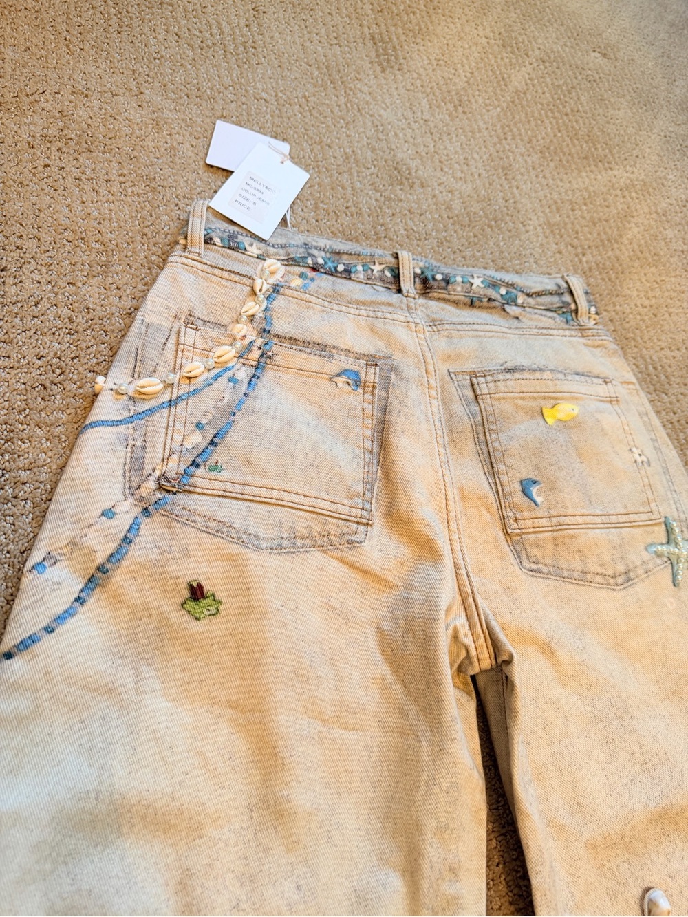 Boutique Light Wash Embellished and hand painted Wide-Leg Jeans NWT - Picture 8 of 15
